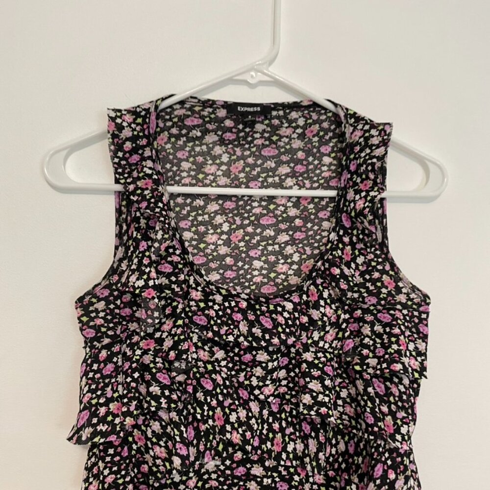 EXPRESS Black Purple Floral Mesh Tiered Ruffle Sleeveless Y2K Tank Blouse Top S - Picture 2 of 12
